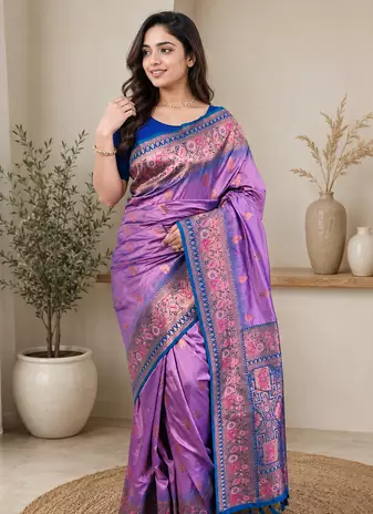 lavender color zari weaves and meenakari work in border having contrast pallu silk blend saree