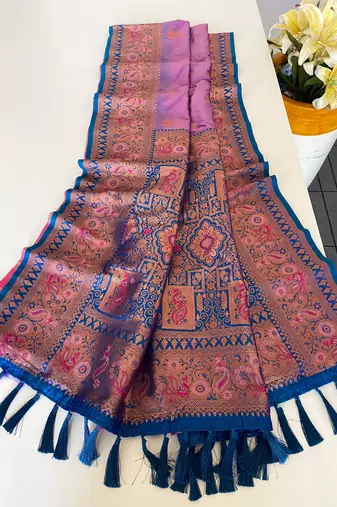 lavender color zari weaves and meenakari work in border having contrast pallu silk blend saree