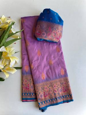 lavender color zari weaves and meenakari work in border having contrast pallu silk blend saree 4