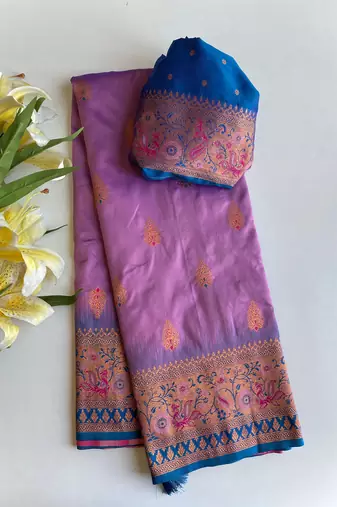 lavender color zari weaves and meenakari work in border having contrast pallu silk blend saree