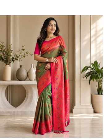 mehendi green color zari weaves and meenakari work in border having contrast pallu silk blend saree 1