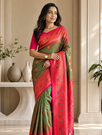 mehendi green color zari weaves and meenakari work in border having contrast pallu silk blend saree