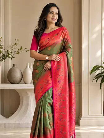 mehendi green color zari weaves and meenakari work in border having contrast pallu silk blend saree
