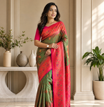 mehendi green color zari weaves and meenakari work in border having contrast pallu silk blend saree