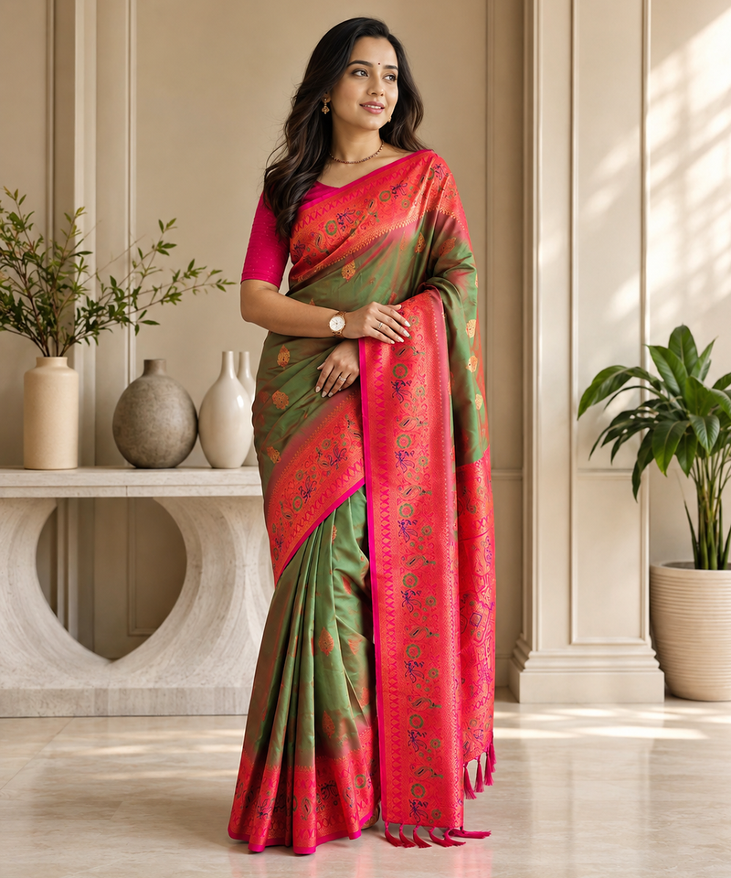 mehendi green color zari weaves and meenakari work in border having contrast pallu silk blend saree