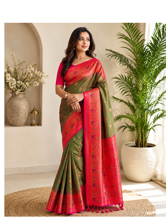 mehendi green color zari weaves and meenakari work in border having contrast pallu silk blend saree 2
