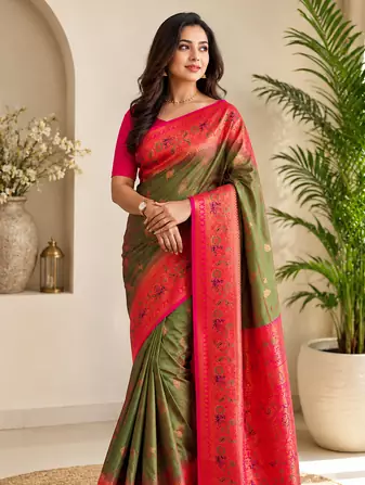 mehendi green color zari weaves and meenakari work in border having contrast pallu silk blend saree