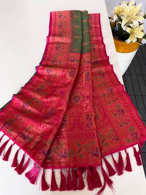 mehendi green color zari weaves and meenakari work in border having contrast pallu silk blend saree 3
