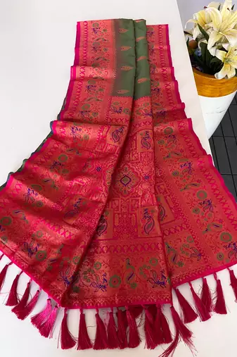 mehendi green color zari weaves and meenakari work in border having contrast pallu silk blend saree