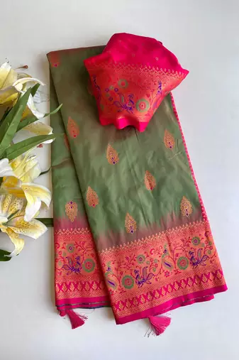 mehendi green color zari weaves and meenakari work in border having contrast pallu silk blend saree