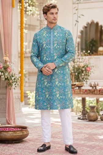 Blue digital printed work cotton straight kurta