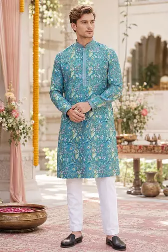 Blue digital printed work cotton straight kurta