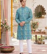Blue digital printed work cotton straight kurta