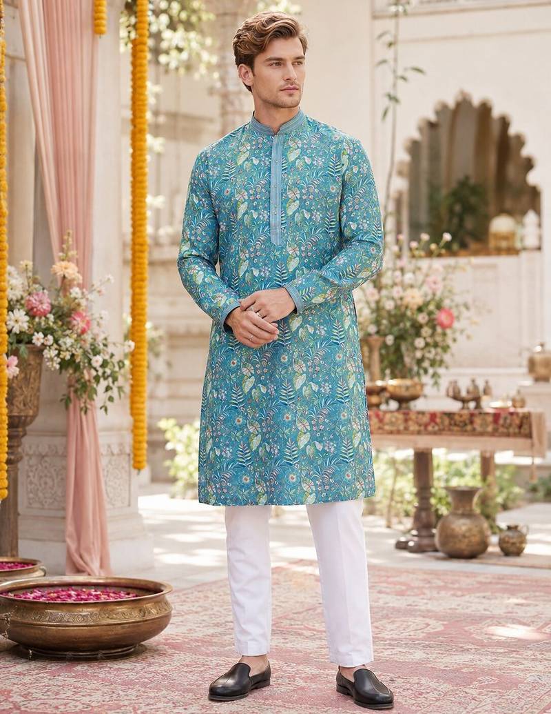 Blue digital printed work cotton straight kurta