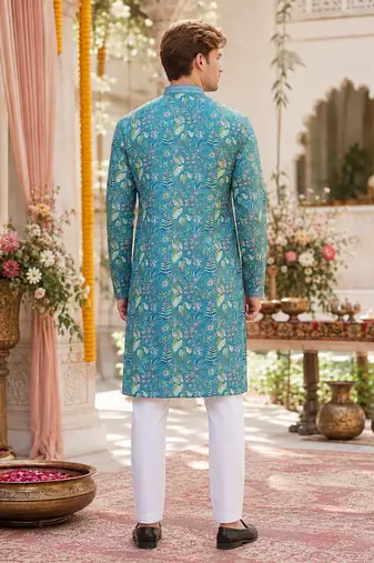 Blue digital printed work cotton straight kurta