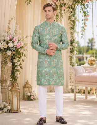 Green digital printed work cotton straight kurta 1