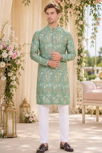 Green digital printed work cotton straight kurta