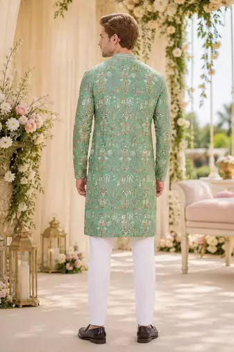 Green digital printed work cotton straight kurta