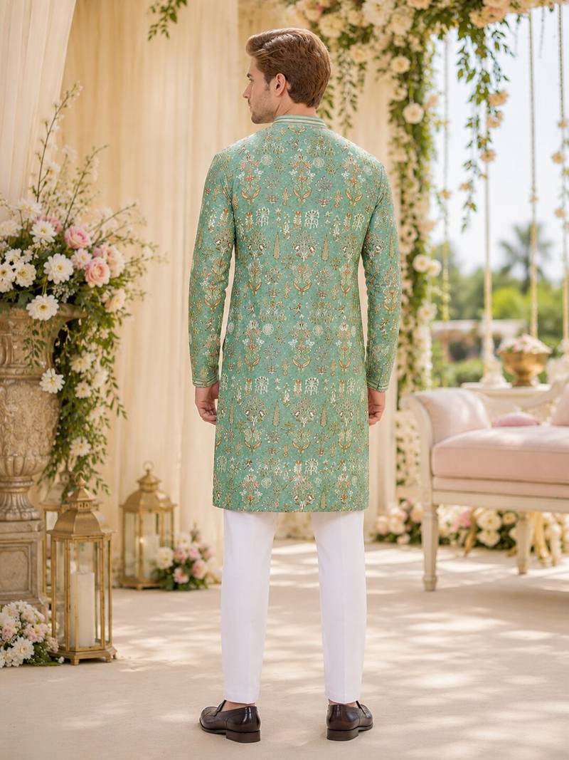 Green digital printed work cotton straight kurta