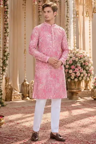 Pink digital printed work cotton straight kurta