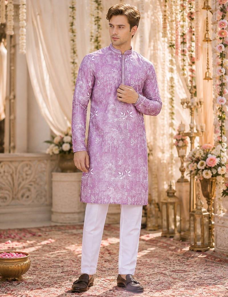 Purple digital printed work cotton straight kurta