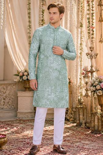 Sea green digital printed work cotton straight kurta