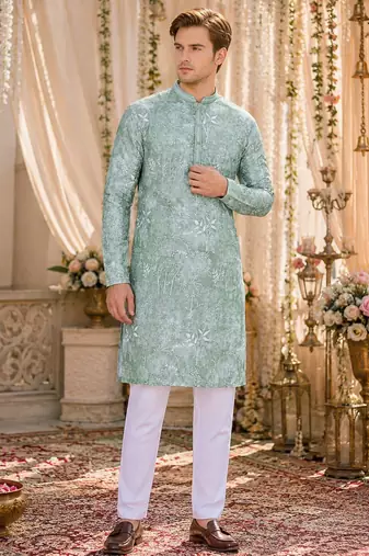 Sea green digital printed work cotton straight kurta