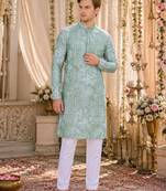 Sea green digital printed work cotton straight kurta