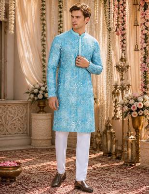 Sky blue digital printed work cotton straight kurta 1