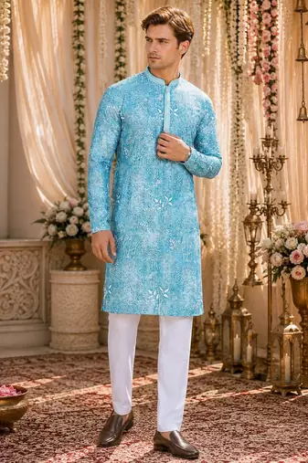 Sky blue digital printed work cotton straight kurta