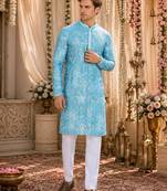 Sky blue digital printed work cotton straight kurta