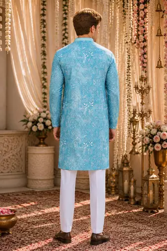Sky blue digital printed work cotton straight kurta