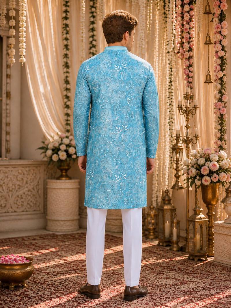 Sky blue digital printed work cotton straight kurta