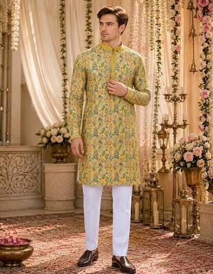 Yellow digital printed work cotton straight kurta 1