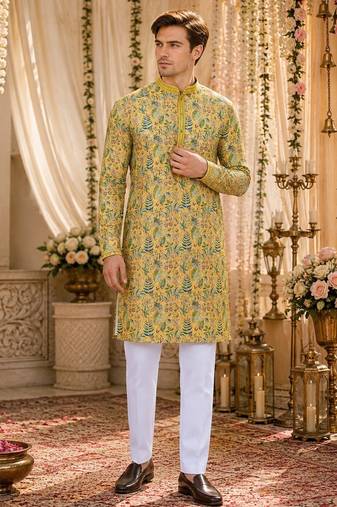 Yellow digital printed work cotton straight kurta
