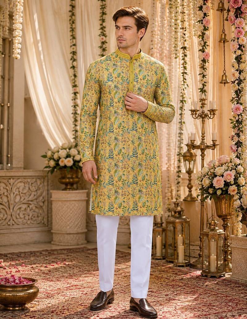 Yellow digital printed work cotton straight kurta