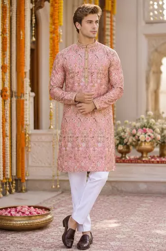 Peach digital printed work cotton straight kurta