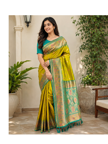 olive green color zari weaves and meenakari work in border having contrast pallu silk blend saree 1