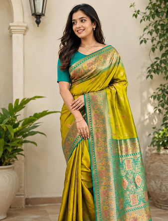 olive green color zari weaves and meenakari work in border having contrast pallu silk blend saree
