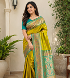 olive green color zari weaves and meenakari work in border having contrast pallu silk blend saree