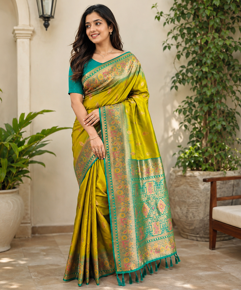 olive green color zari weaves and meenakari work in border having contrast pallu silk blend saree