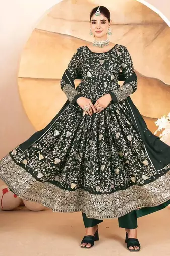 Women’s Dark Green Embroidered Anarkali Kurta Set With Dupatta & Pent