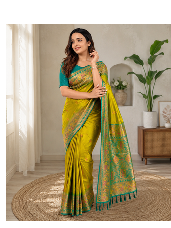olive green color zari weaves and meenakari work in border having contrast pallu silk blend saree 2
