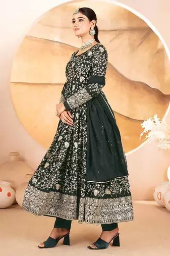 Women’s Dark Green Embroidered Anarkali Kurta Set With Dupatta & Pent