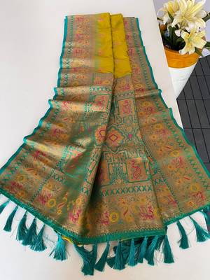 olive green color zari weaves and meenakari work in border having contrast pallu silk blend saree 3