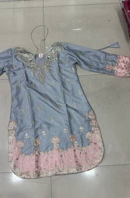 Greyish blue satin embroidered farshi salwar set 5