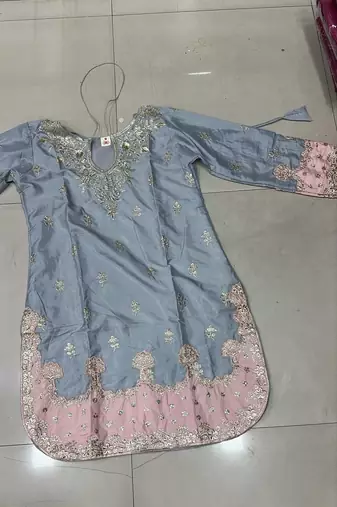 Greyish blue satin embroidered farshi salwar set
