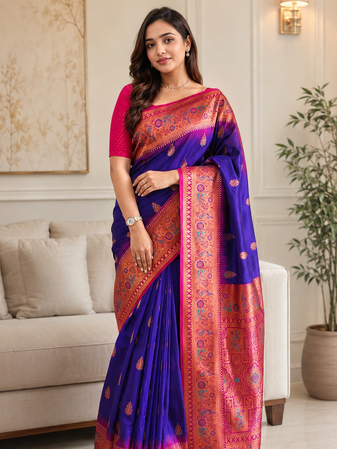 purple color zari weaves and meenakari work in border having contrast pallu silk blend saree