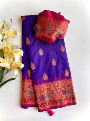 purple color zari weaves and meenakari work in border having contrast pallu silk blend saree 4