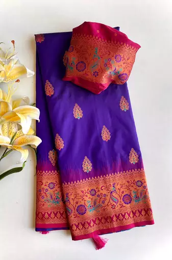 purple color zari weaves and meenakari work in border having contrast pallu silk blend saree